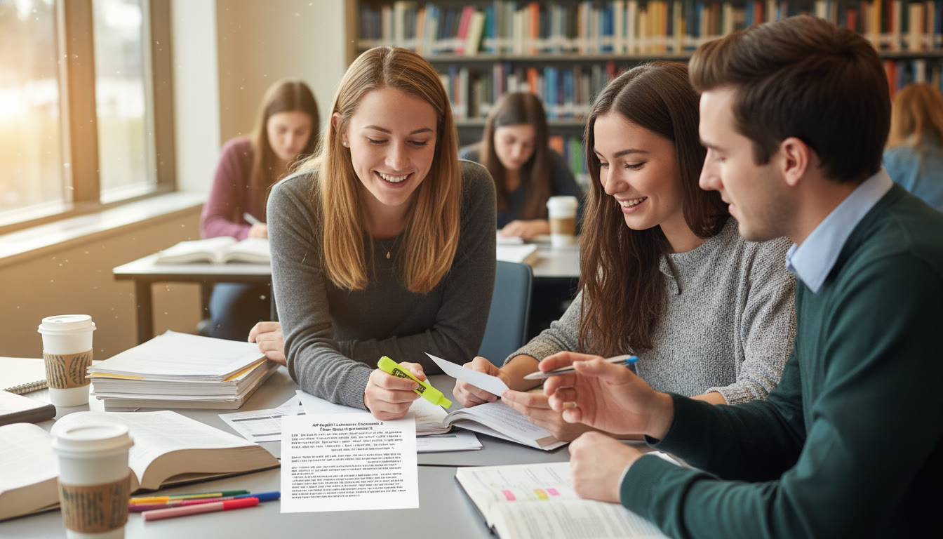 Photo Idea : A small group tutoring session where a tutor reviews a student’s written AP free-response with a rubric and highlights, capturing collaborative feedback and targeted instruction.