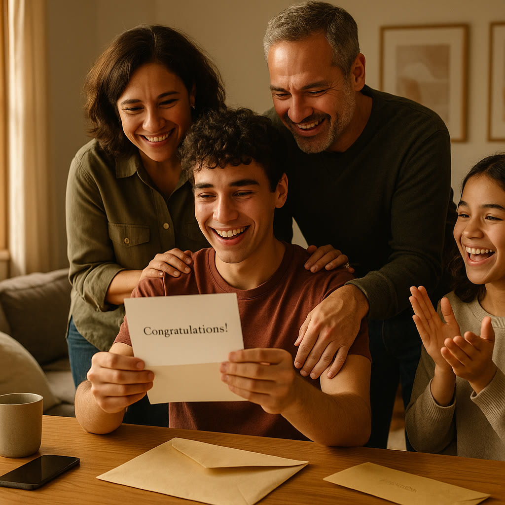 Photo Idea : A celebratory moment on decision day: a student opening an acceptance letter at home with proud family around—natural light, genuine smiles.