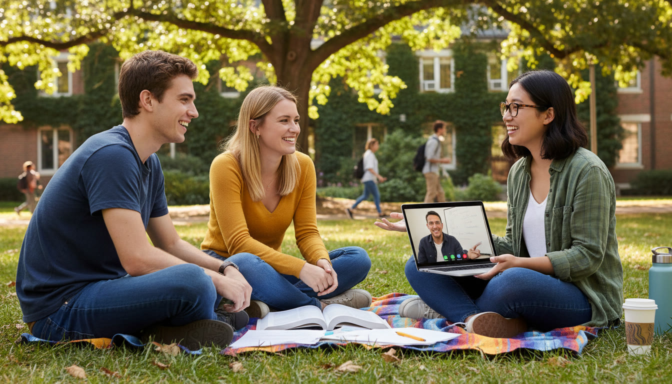 Photo Idea : A warm photo of a small study group on a college campus lawn—two students chatting, an open textbook between them, and a laptop showing a video call—illustrating blended support and community mid-article when talking about using tutoring and campus resources.