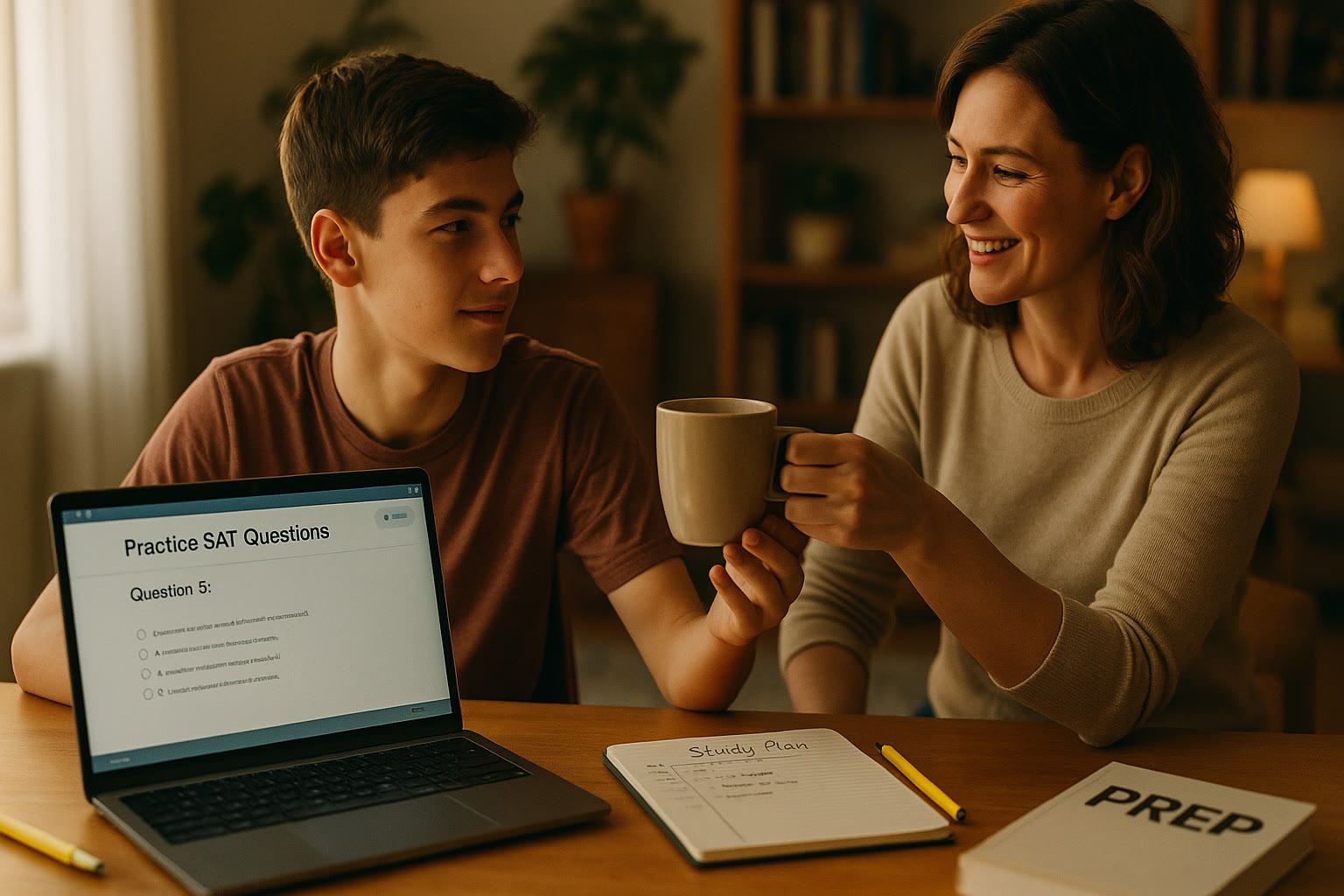 Photo Idea : Student at a desk with a laptop displaying practice SAT questions, a notebook with a study plan, and a parent offering supportive coffee nearby — warm, natural lighting.