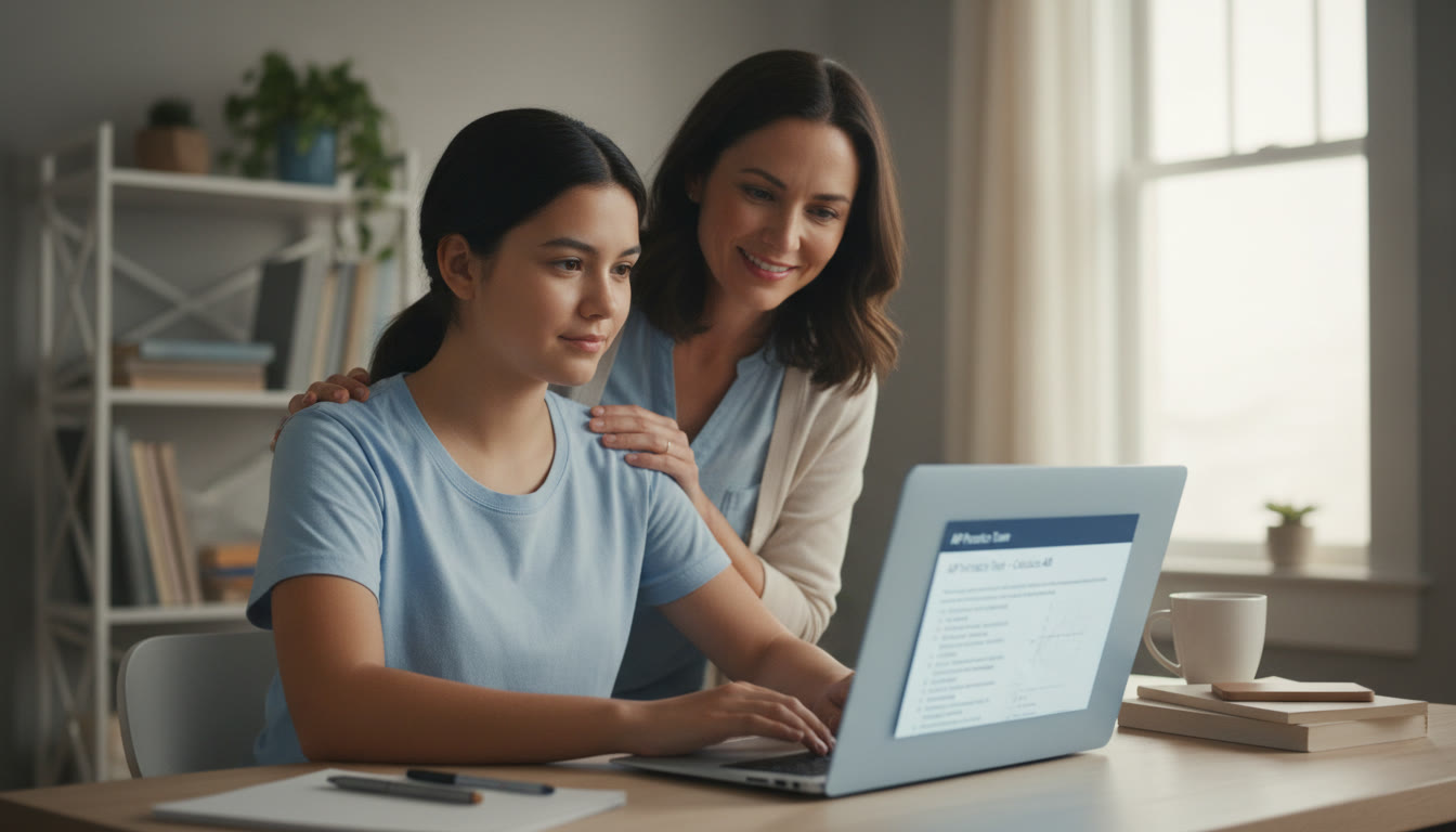 Photo Idea : A serene, focused image of a student taking a practice digital AP test at a desk with a parent nearby offering a reassuring smile—screen glow, not intrusive, capturing calm preparedness.