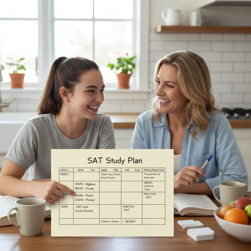 Student and parent at a kitchen table reviewing a simple study schedule, showing relaxed conversation and a visible printed plan