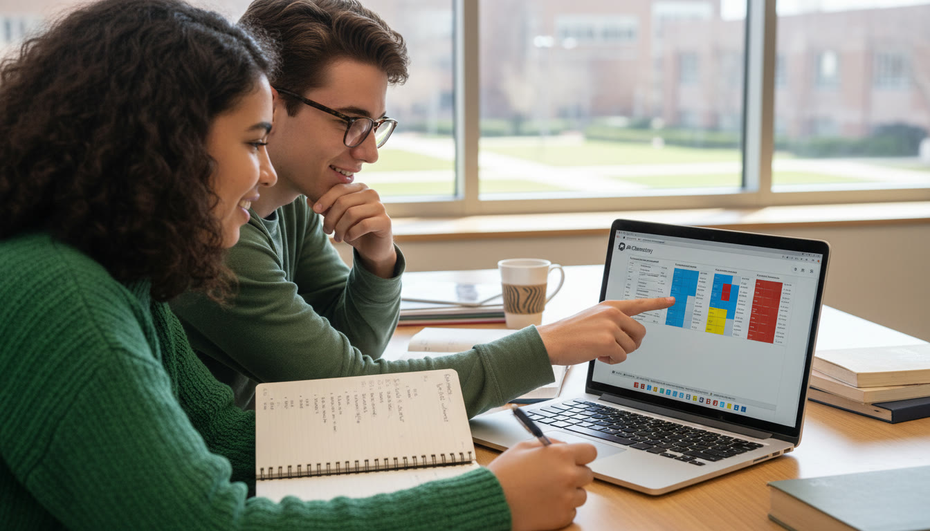 Photo Idea : A candid scene of a tutor and student reviewing a heatmap on a laptop screen, pointing to a chilly blue cell and jotting next steps in a notebook — natural interaction, clear focus on the screen, classroom vibe.