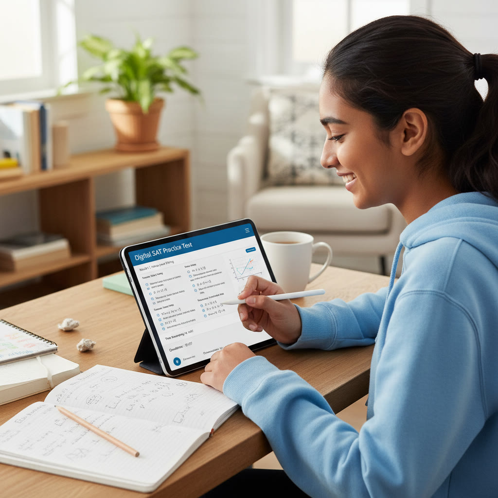 Photo Idea : A close-up of a student using a tablet in a calm study nook, the Digital SAT practice interface visible on screen and a notebook with worked math problems nearby.