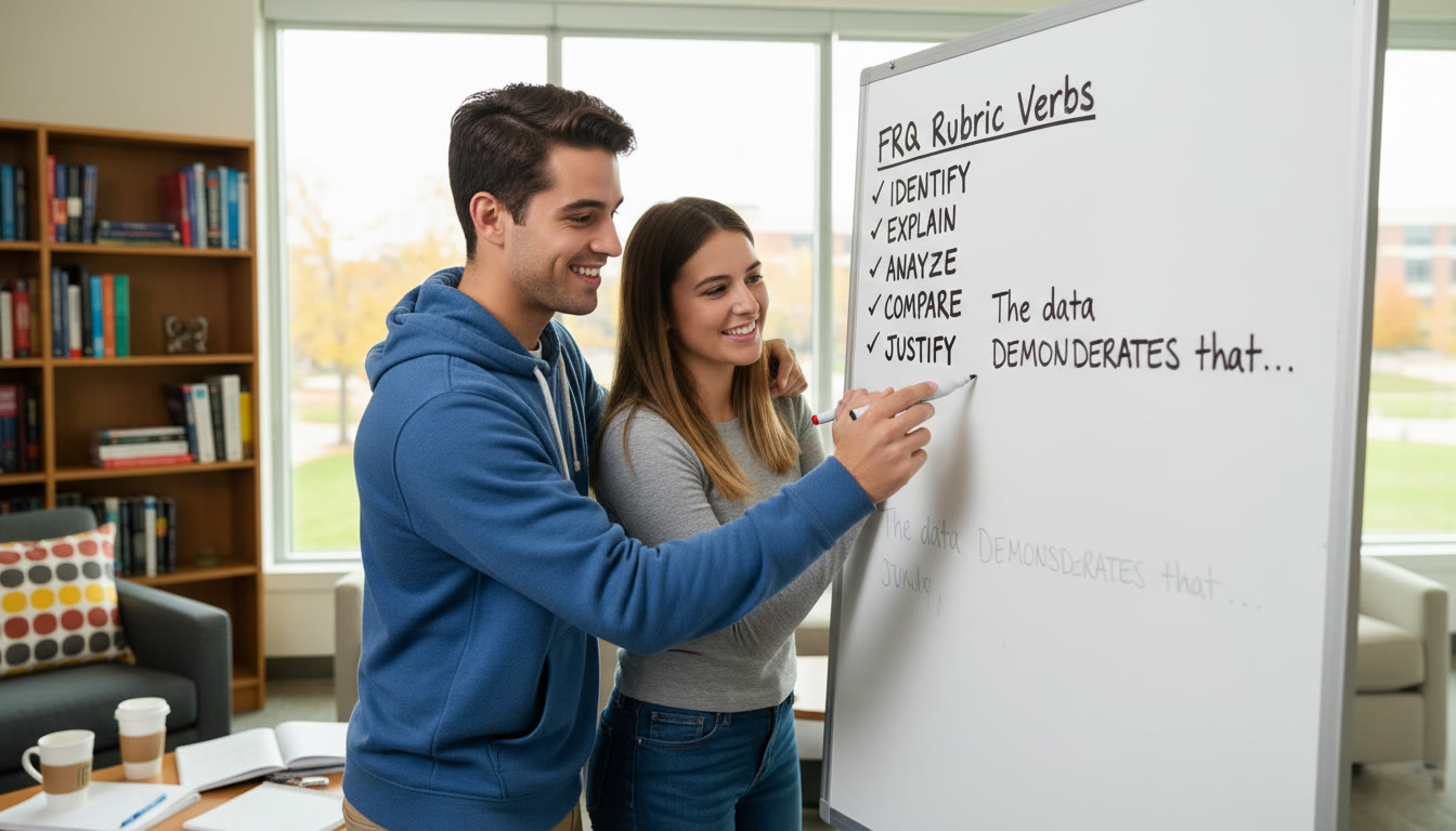 Photo Idea : A tutor and student reviewing a short FRQ at a whiteboard, the tutor pointing to a checklist of rubric verbs while the student rewrites a sentence — conveys collaborative, targeted coaching in a friendly setting.