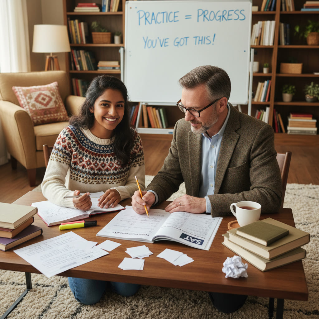 Student reviewing an SAT practice test with a tutor in a cozy study room; the scene conveys collaboration, notes, and an encouraging atmosphere.
