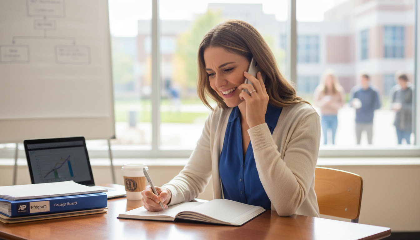 Photo Idea : A subtle stock-style photo of an advisor at a school desk taking notes while speaking on the phone, conveying helpfulness and professionalism.