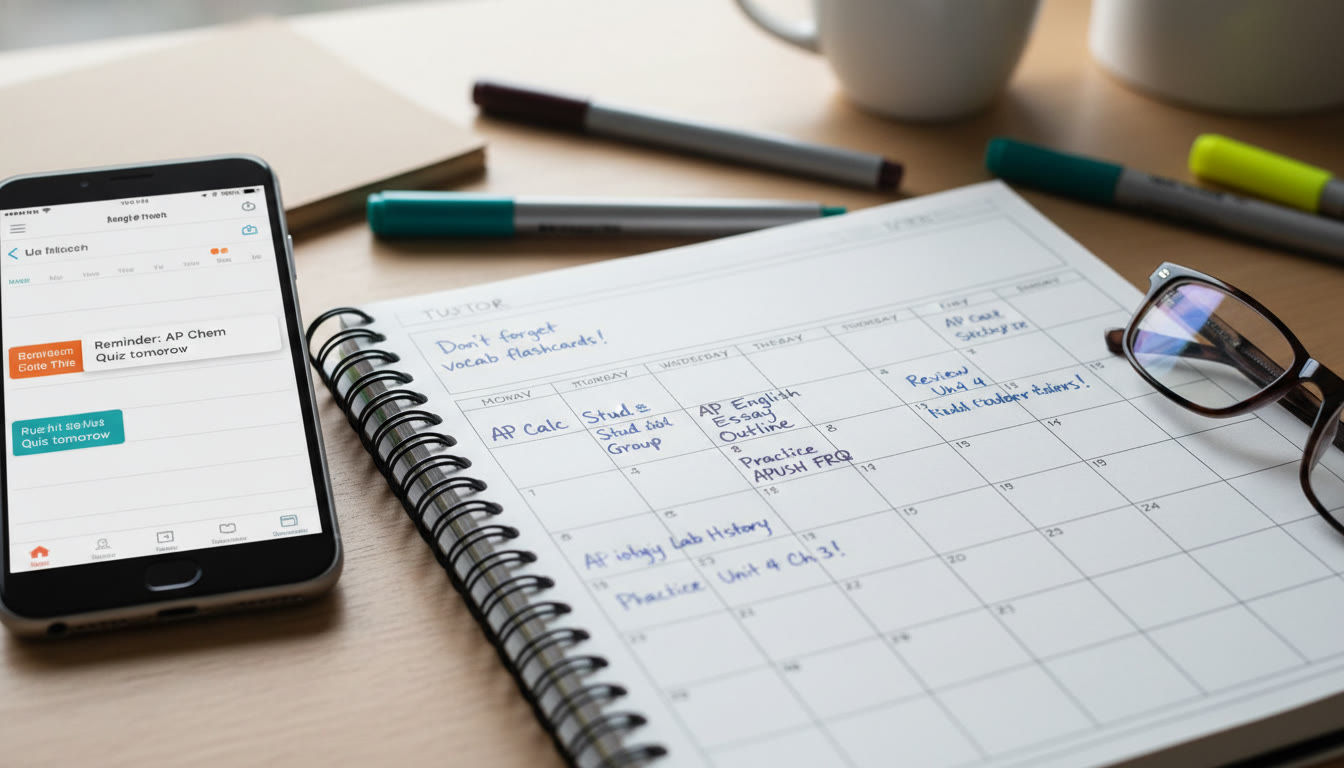 Photo Idea : A close-up of a planner and a smartphone showing a weekly study calendar, with a tutor’s notes visible — emphasizing structured planning and guided support.