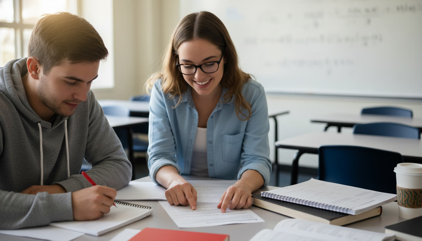 Photo Idea : A classroom scene with a tutor working one-on-one with a student over an AP practice test; the tutor points to a rubric while the student annotates answers, conveying personalized coaching and focused practice.