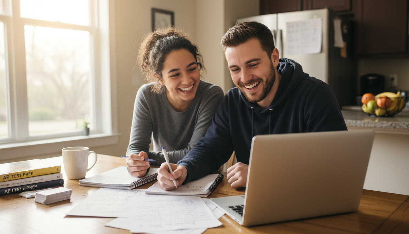 Photo Idea : A tutor and student at a kitchen table with a laptop and notes, showing collaboration and focused study that feels supportive and realistic.