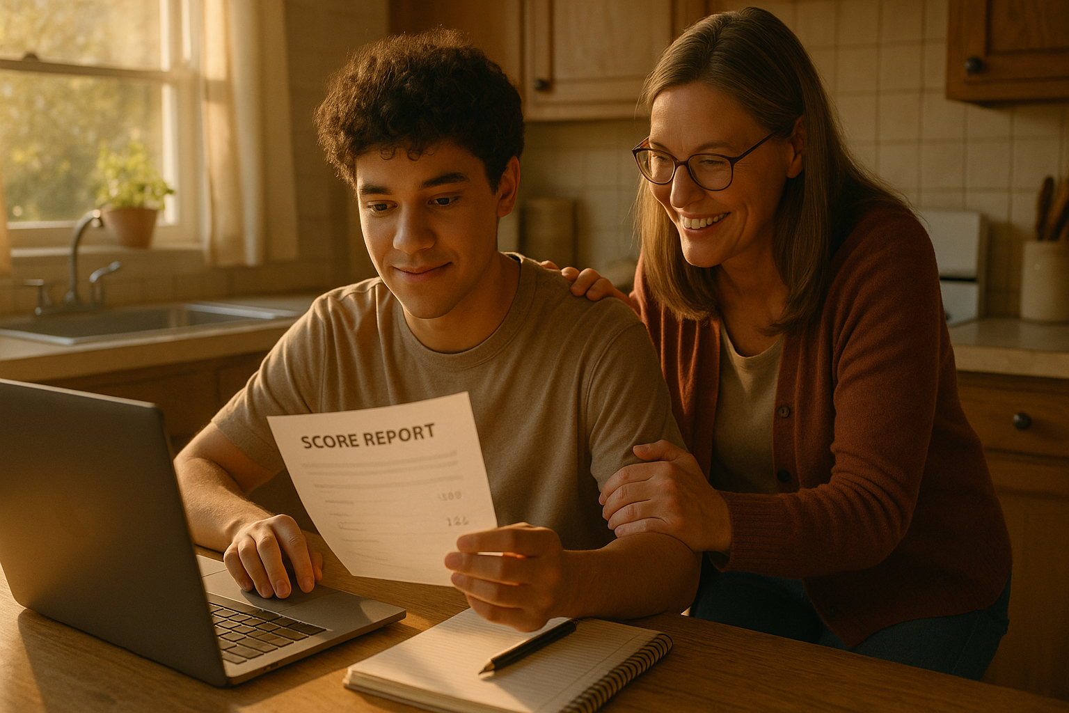Photo Idea : A hopeful student sitting at a kitchen table late afternoon with a laptop, score report printout, and a parent leaning in—warm lighting, collaborative mood.