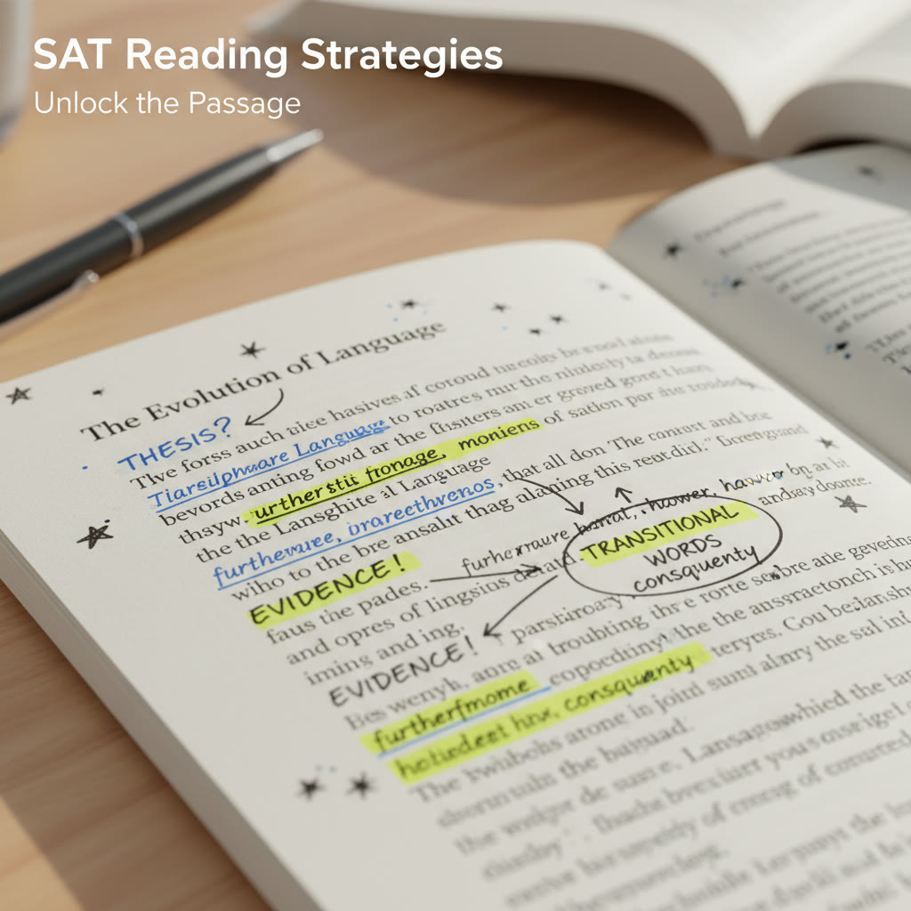 Annotated passage image idea: close-up of a printed passage with underlines and margin notes showing thesis, evidence, and transitional words (useful for Reading inference strategies).