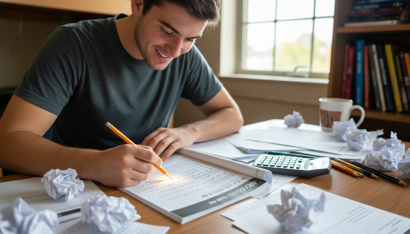 Photo Idea : A student at a desk with scattered scratch paper, a calculator, and an AP Calculus test page—lighting focused on the pencil tip. This image sets a real, focused mood early in the article.