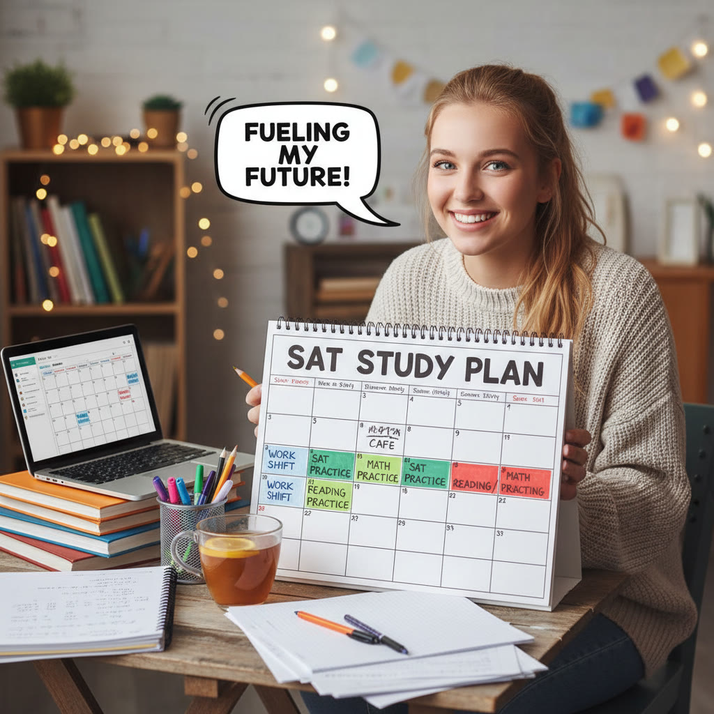 Student at a small table with a calendar, laptop, and study notes: shows a busy schedule with work shifts and study blocks.