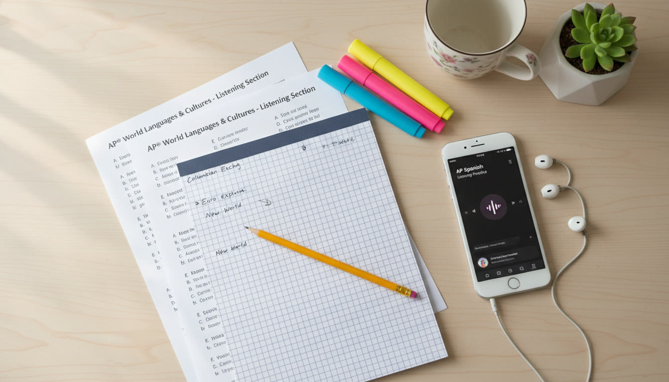 Photo Idea : A clean flat-lay of a practice setup: printed listening questions, a filled-in note grid with shorthand, a pencil, and a phone or audio player. The composition should feel organized and calm—emphasize the practical tools of preparation.