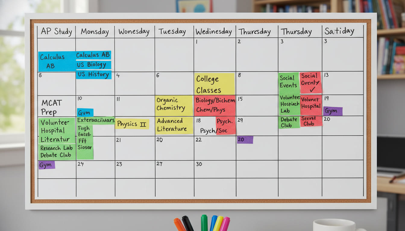 Photo Idea : A close-up of a wall calendar with color-coded blocks for AP study, college classes, MCAT prep, and extracurricular activities—visualizes a balanced, organized plan.