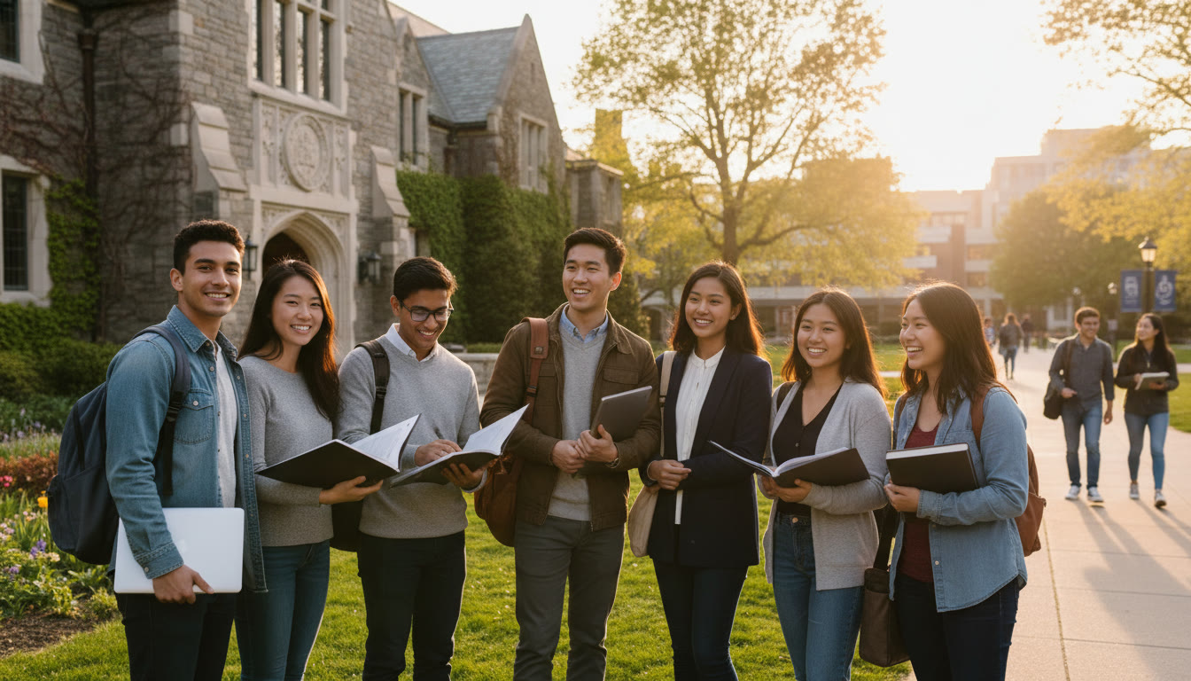 Photo Idea : A diverse group of international students smiling outside a university building, some holding folders and laptops—captures optimism and the transitional moment between high school and university.