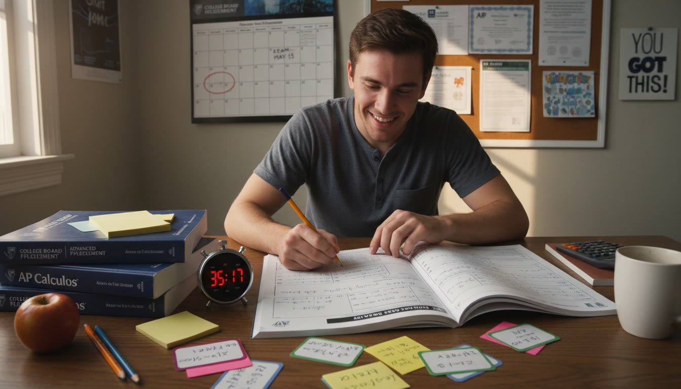 Photo Idea : A focused student at a desk, stopwatch nearby, AP materials spread out — shows deliberate practice under timed conditions.