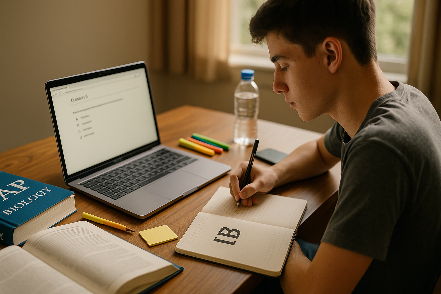 Photo Idea : A high school student at a desk surrounded by an open AP textbook, an IB notebook, and a laptop displaying SAT practice questions—a natural scene of integrated study.