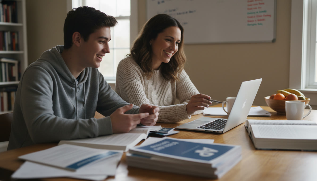 Photo Idea : A warm, candid photo of a parent and teenager at a kitchen table surrounded by papers and a laptop, smiling and planning together — conveys partnership and calm organization.