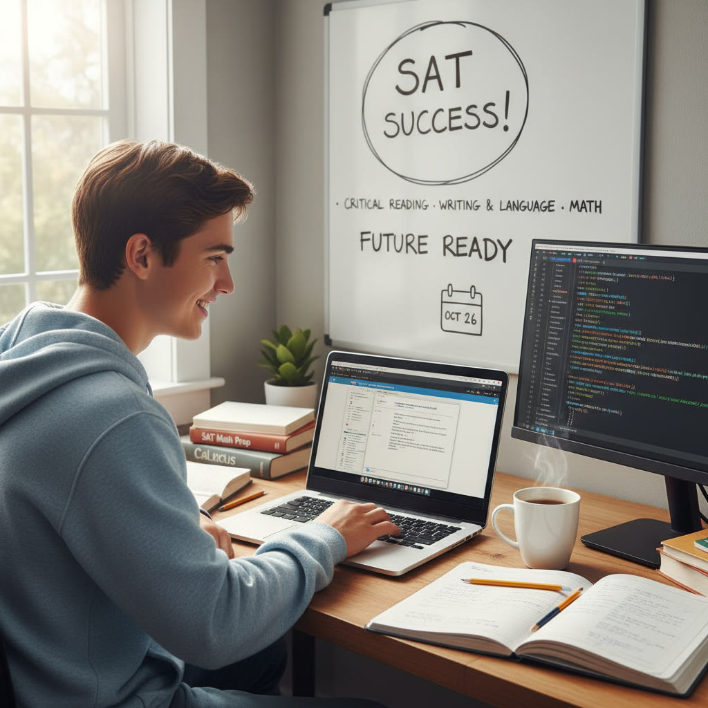 Photo Idea : A focused high school student solving math problems on a laptop with code visible on a second screen; soft natural light, study notes, and a coffee mug nearby.