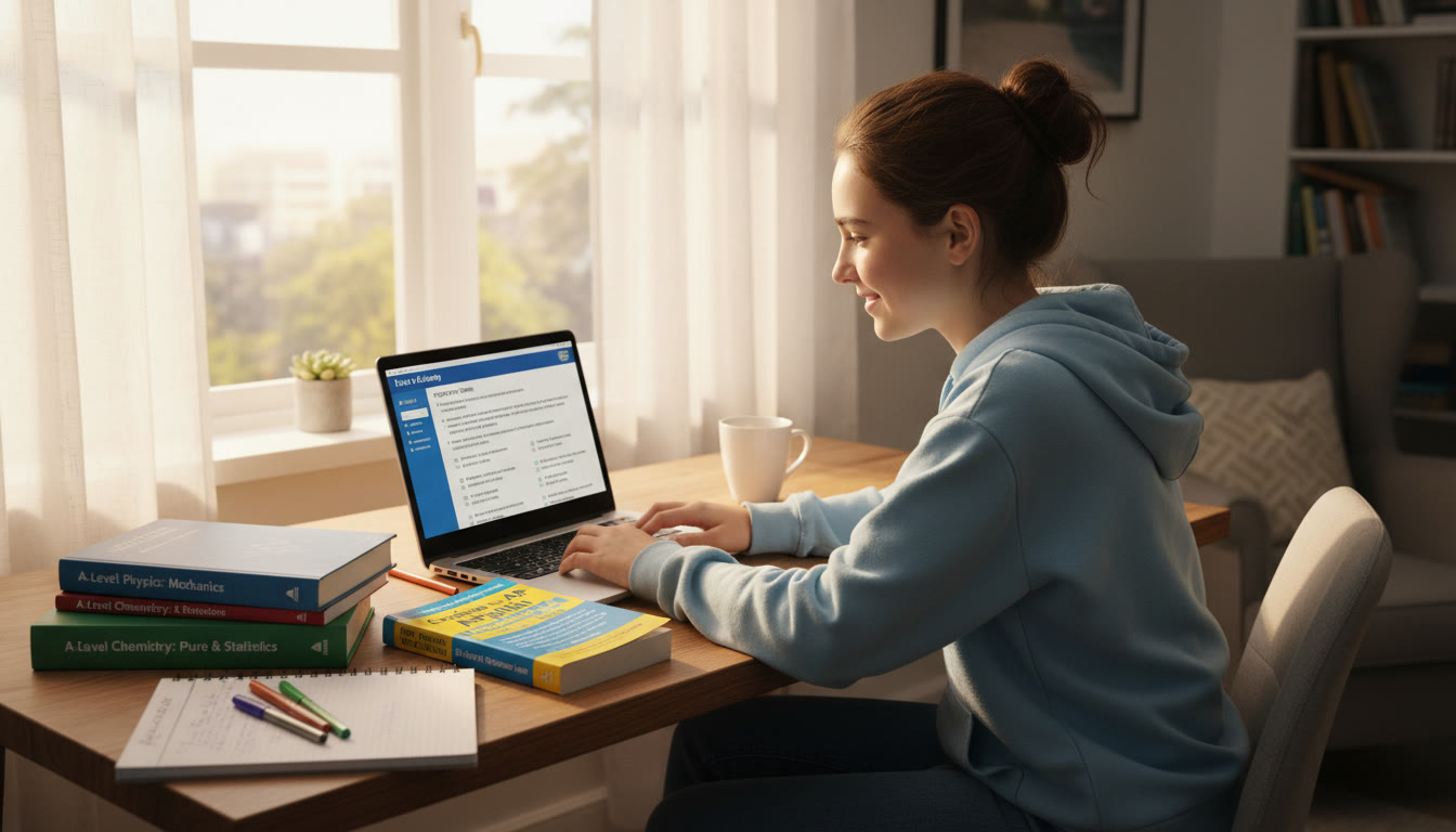 Photo Idea : A calm study scene with a teenager at a desk surrounded by A Level textbooks, an AP prep guide, and a laptop displaying SAT practice questions light coming through a window to convey focus and optimism.