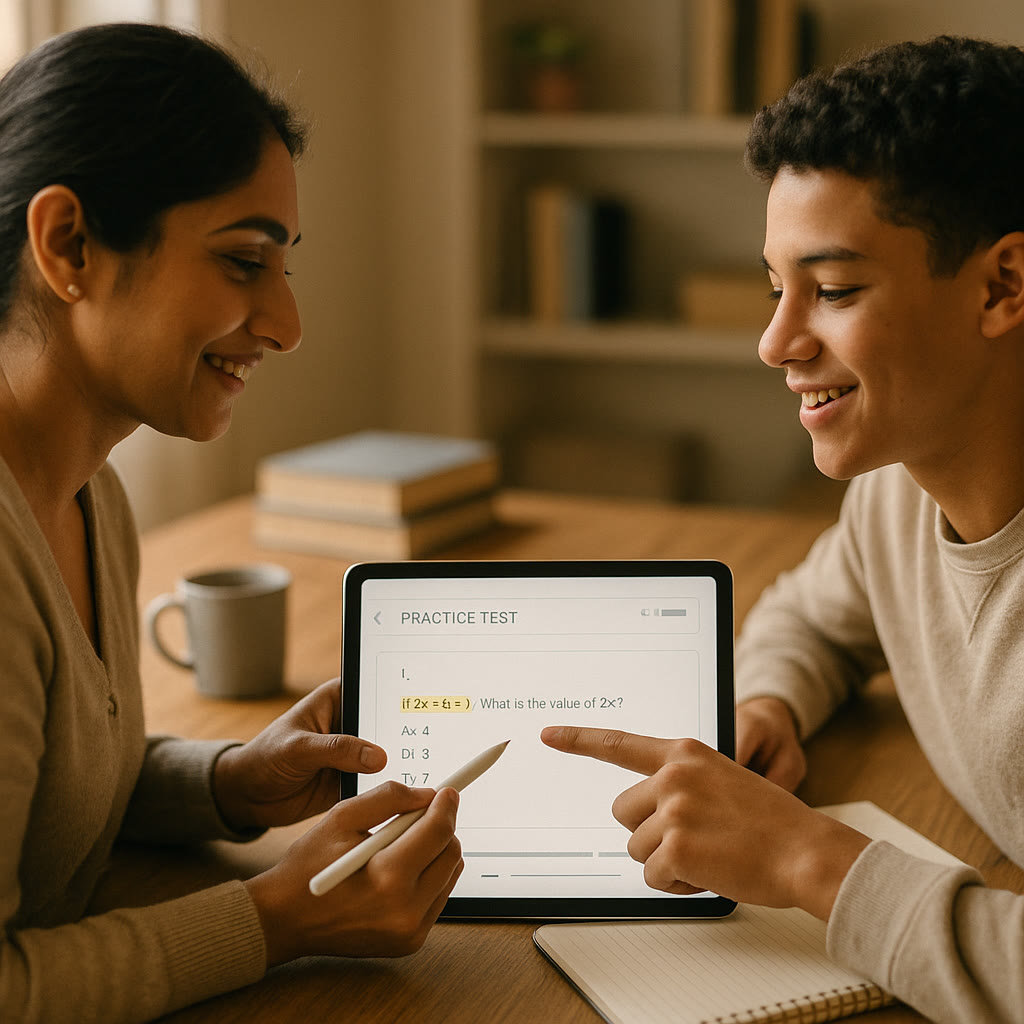 Photo Idea : An over-the-shoulder image of a tutor and student reviewing a digital practice test on a tablet, both pointing at a highlighted problem. The scene is collaborative and upbeat, suggesting tailored guidance and partnership.