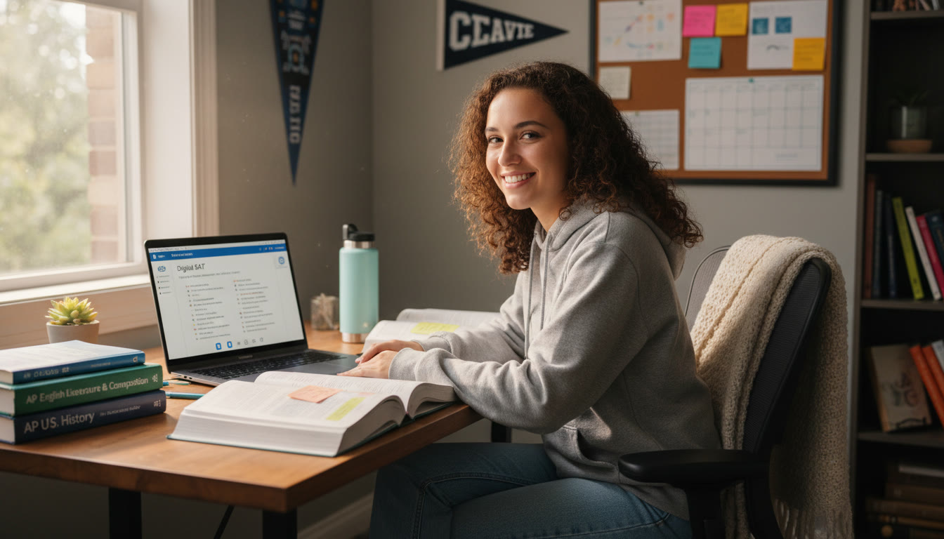 Photo Idea : A high school student at a desk with textbooks, a laptop showing a practice Digital SAT question, and an AP textbook open nearby   natural light, cozy study space to convey focus and balance.