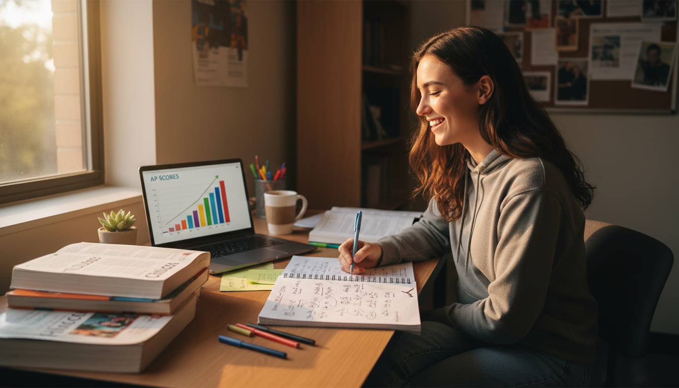 Photo Idea : A student at a desk late afternoon, surrounded by textbooks, a laptop showing a graph, and a notebook with problem solutions—conveys focused, thoughtful revision and the satisfaction of progress.