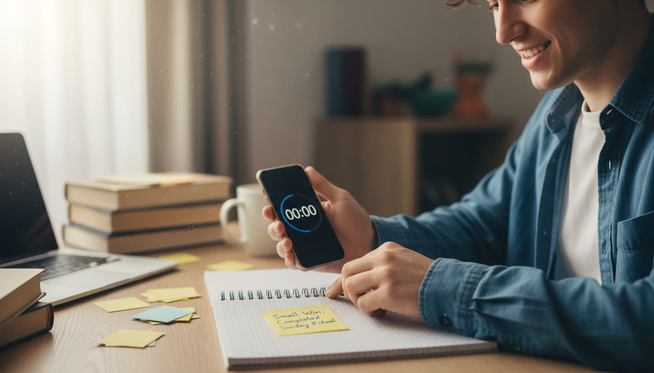 Photo Idea : A student closing a notebook with a satisfied expression, phone timer showing 