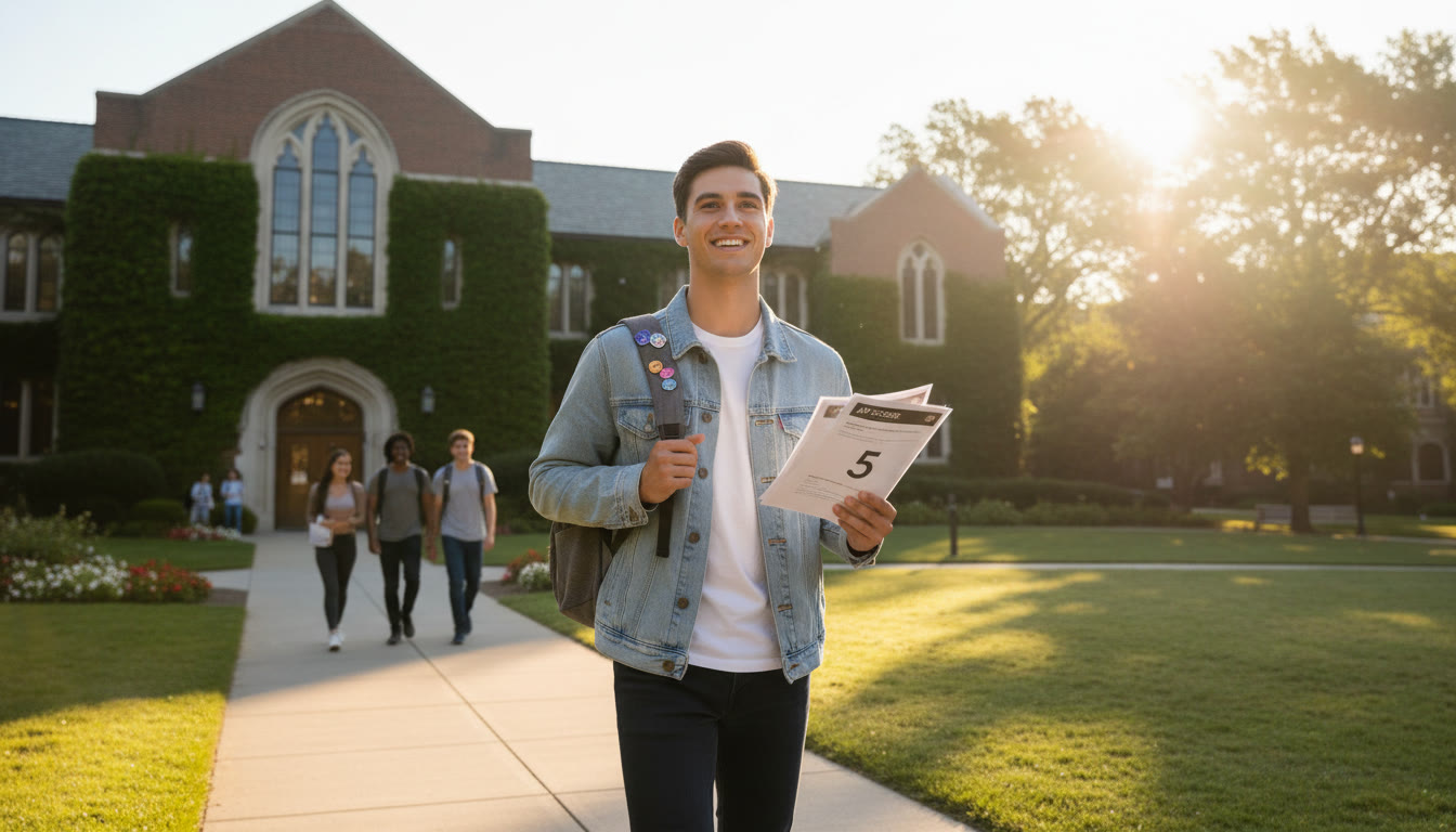 Photo Idea : A bright, early-morning college campus scene with a confident freshman holding AP score reports and a backpack, walking toward a lecture hall. The mood is hopeful and forward-looking.