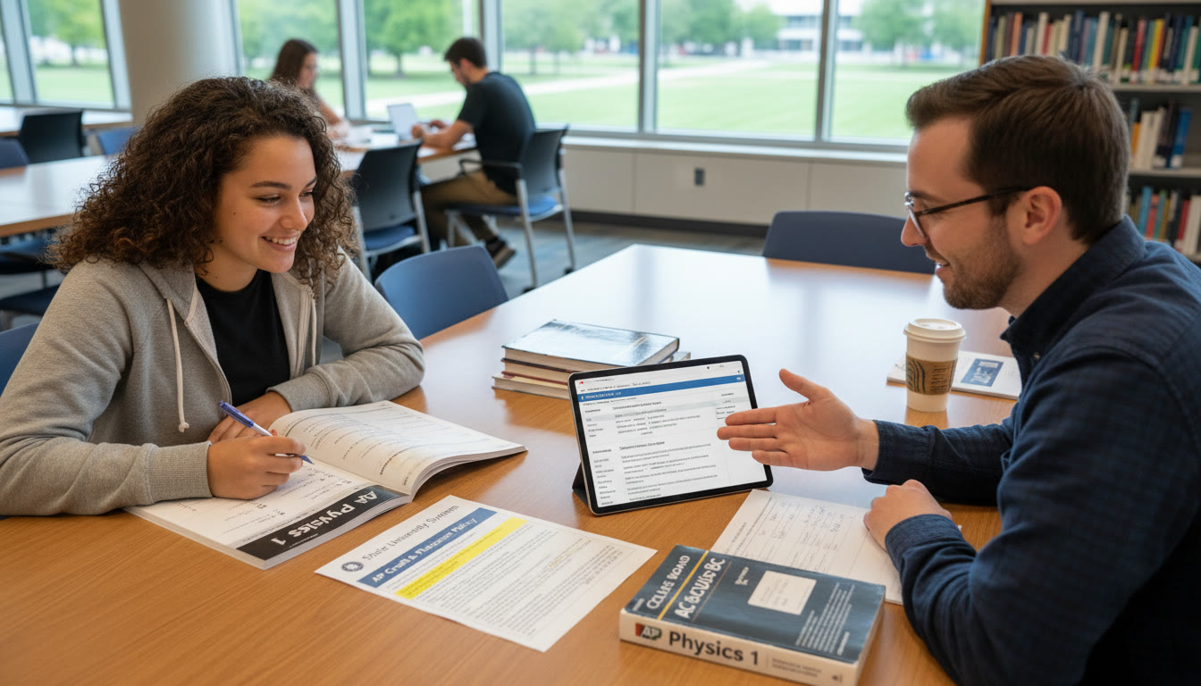 Photo Idea : A tutor and student in a study session reviewing AP practice problems and a printed college policy page about AP credit—showing collaboration, focused notes, and a tablet displaying a course catalogue. — Use a modern, academic setting to emphasize planning and strategy.