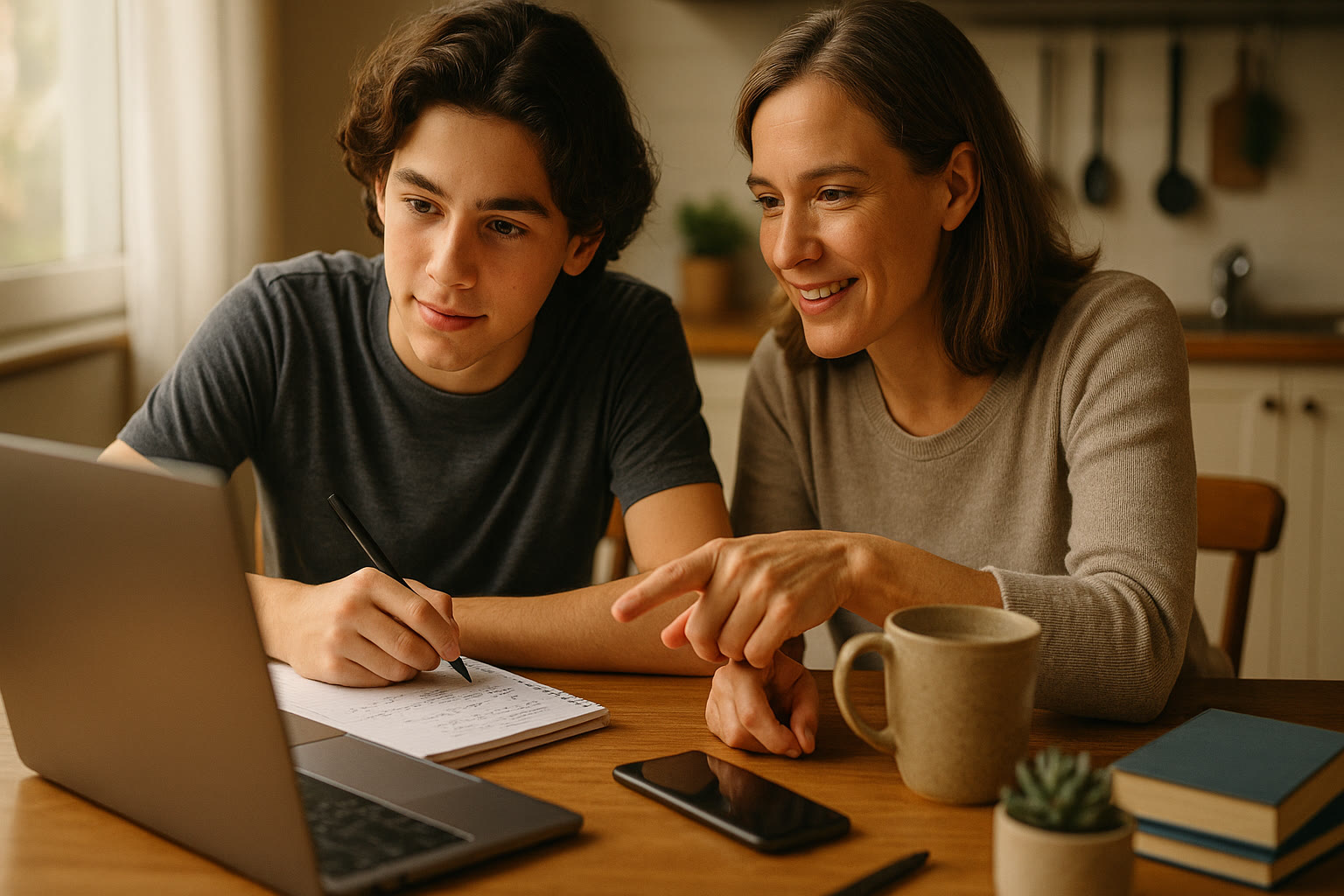 Photo Idea : A parent and teen at a kitchen table, laptop open, a notebook with practice questions, and a warm mug—capturing collaborative study and planning.