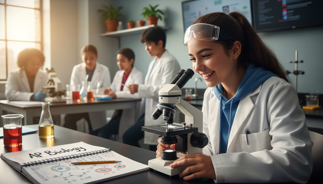 Photo Idea : A lively scene of a high school student in a biology lab, smiling while looking at a microscope slide, with a notebook open showing AP Biology notes. The photo should feel warm and aspirational.