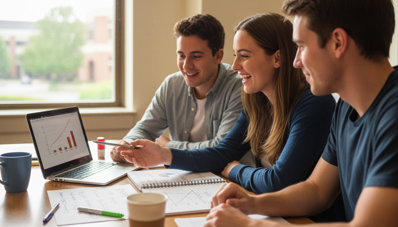 Photo Idea : A high-resolution, candid photo of a small study group on campus — two students discussing graphs on a laptop, a notebook open with calculus equations and an economics diagram. Natural light, coffee cups, relaxed but focused atmosphere.