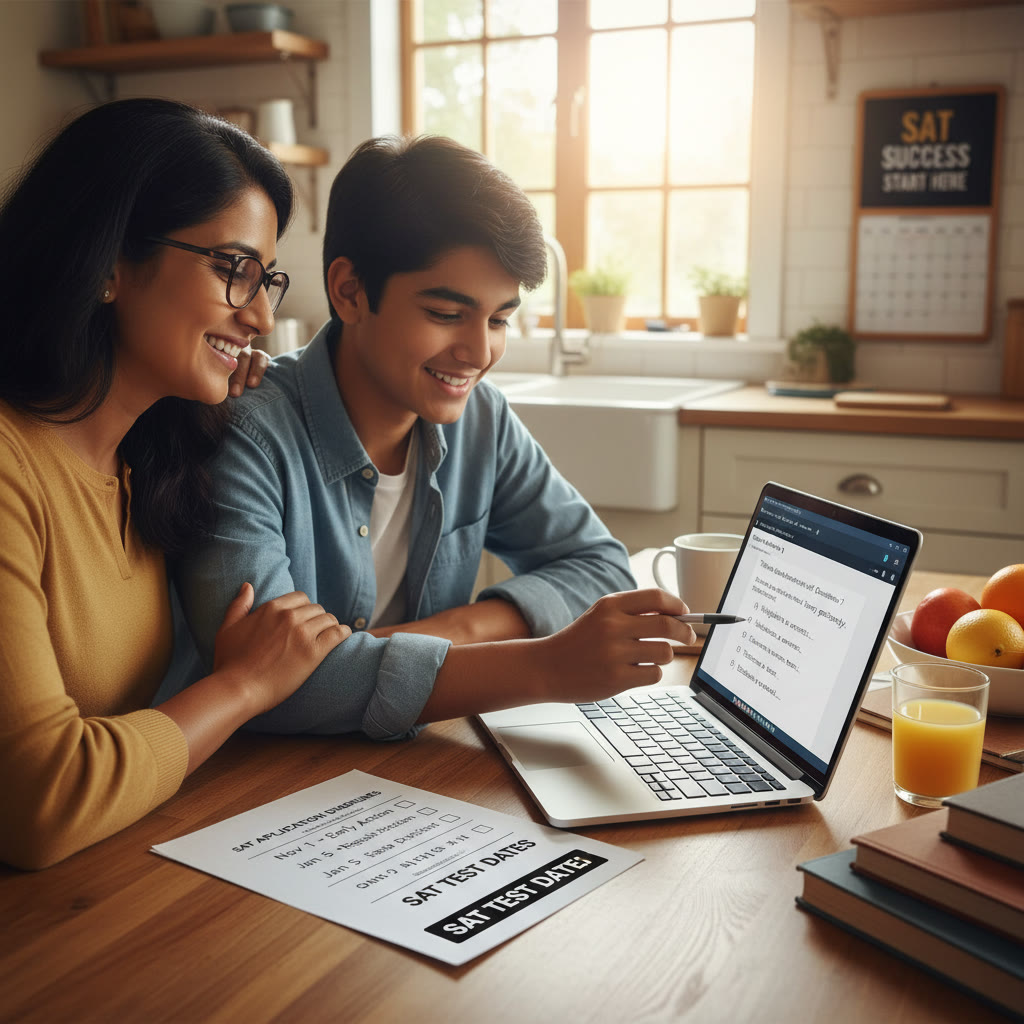 Photo Idea : A parent and student sitting together at a kitchen table reviewing a checklist: application deadlines, test dates, and a laptop showing a practice Digital SAT question. The mood is supportive and collaborative.