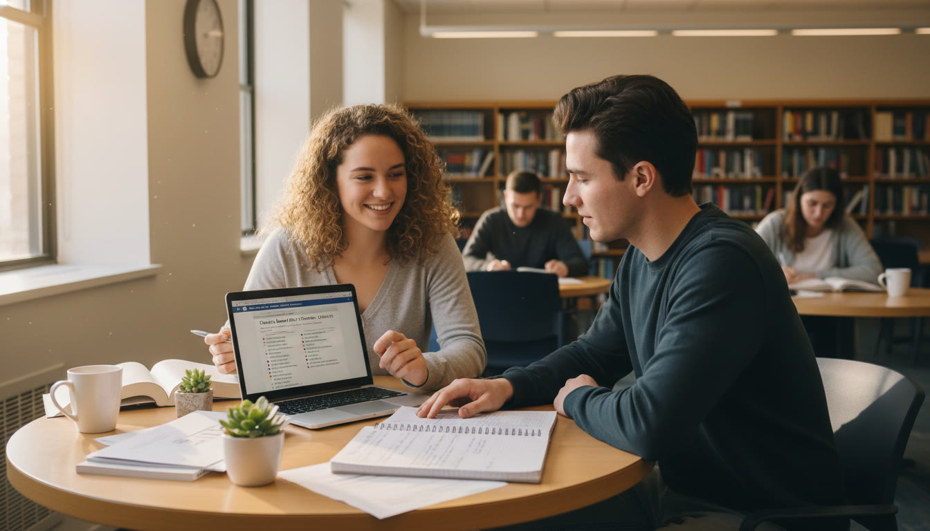 Photo Idea : A tutor and a student at a small table in a quiet study room, with a laptop open to practice questions and a printed mistake log. The scene should convey supportive, focused collaboration that complements independent quiet-hour study.