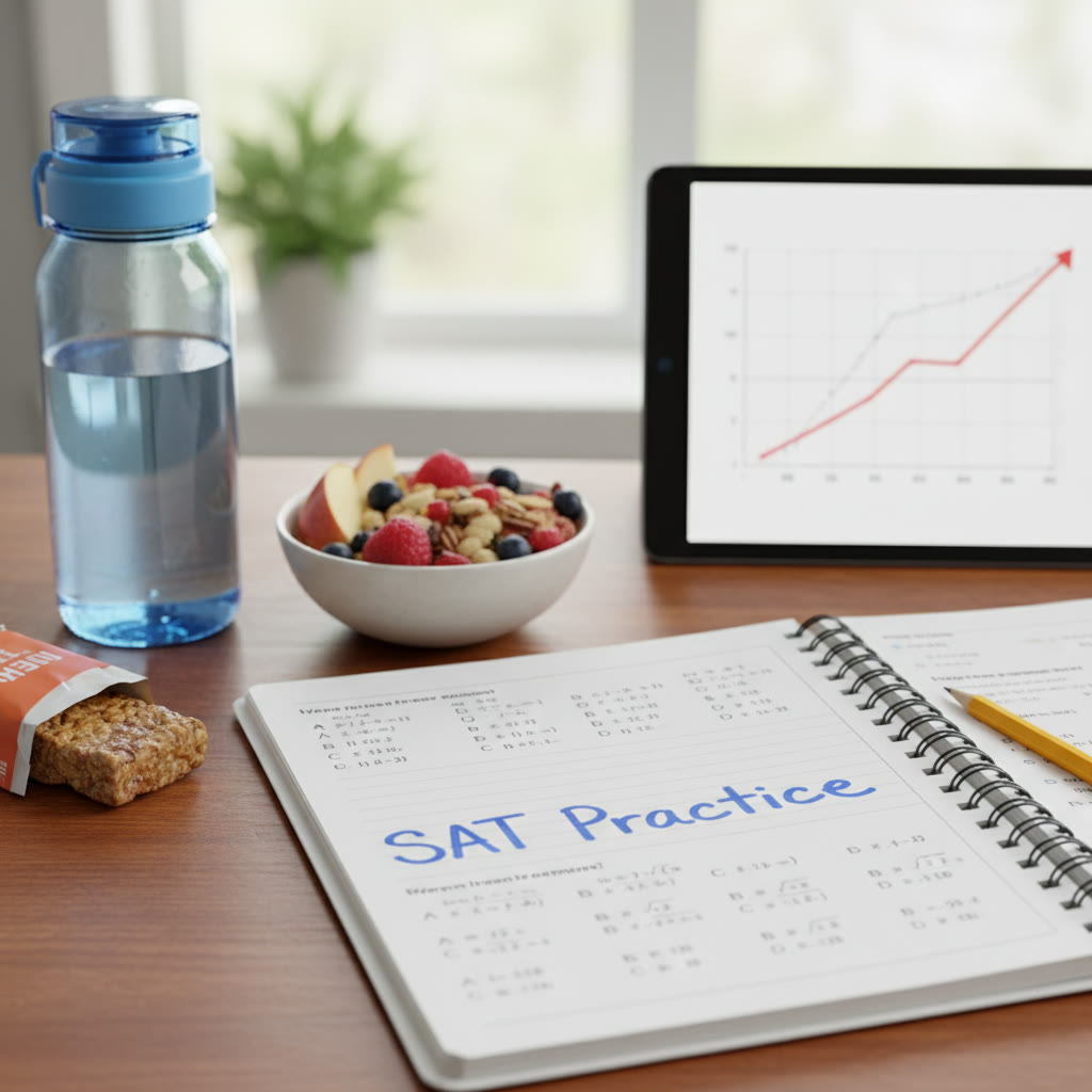 Healthy snack and water bottle next to a notebook labeled 