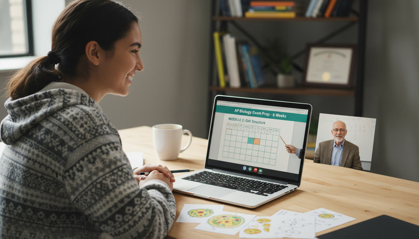 Photo Idea : A close-up photo of a student at a desk with notes, a laptop showing a study plan, and a tutor on a video call — emphasizes focused, modern, personalized preparation.