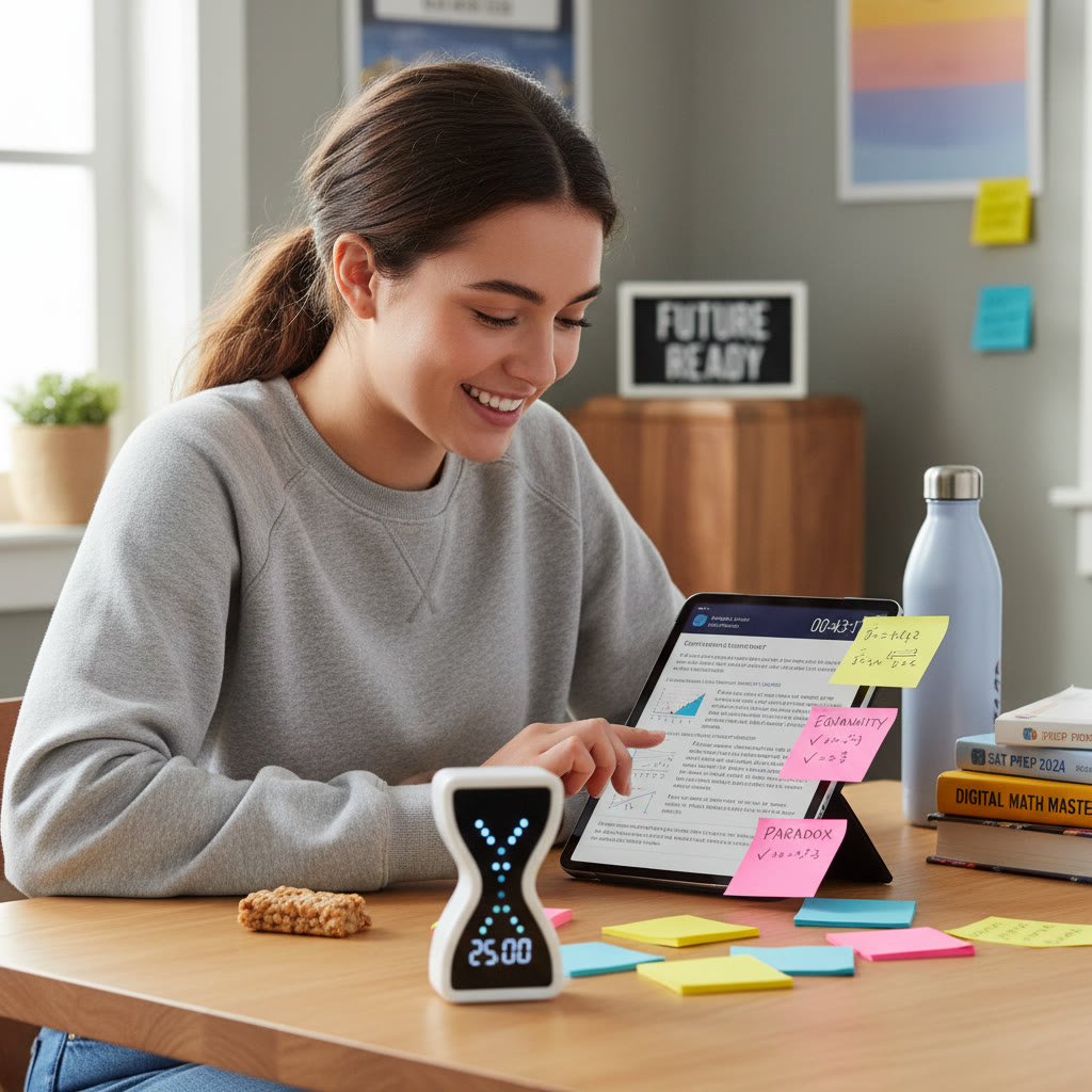 Photo Idea : A student taking a timed practice test on a tablet, with sticky notes and a timer—captures the Digital SAT environment and focused practice.