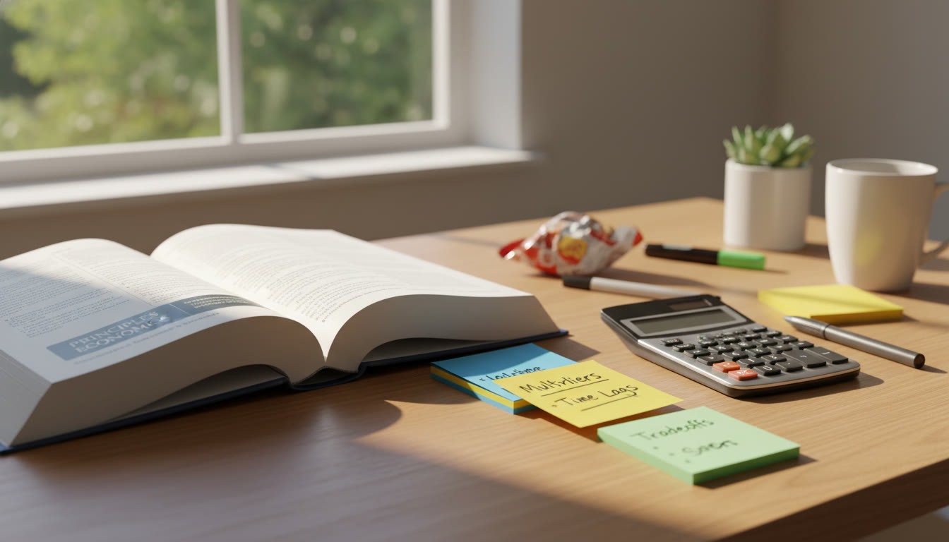 Photo Idea : A bright study desk with an open economics textbook, calculator, and colored notes labeled “Multipliers”, “Time Lags”, and “Tradeoffs” — conveys focused exam preparation.