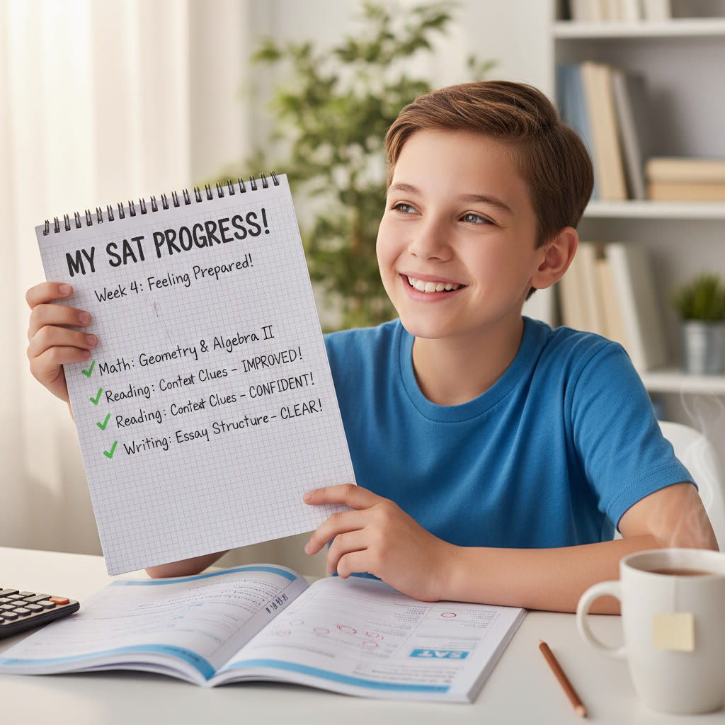 Student smiling after finishing a practice test, holding a notebook with notes: a visual idea to show progress and calm.