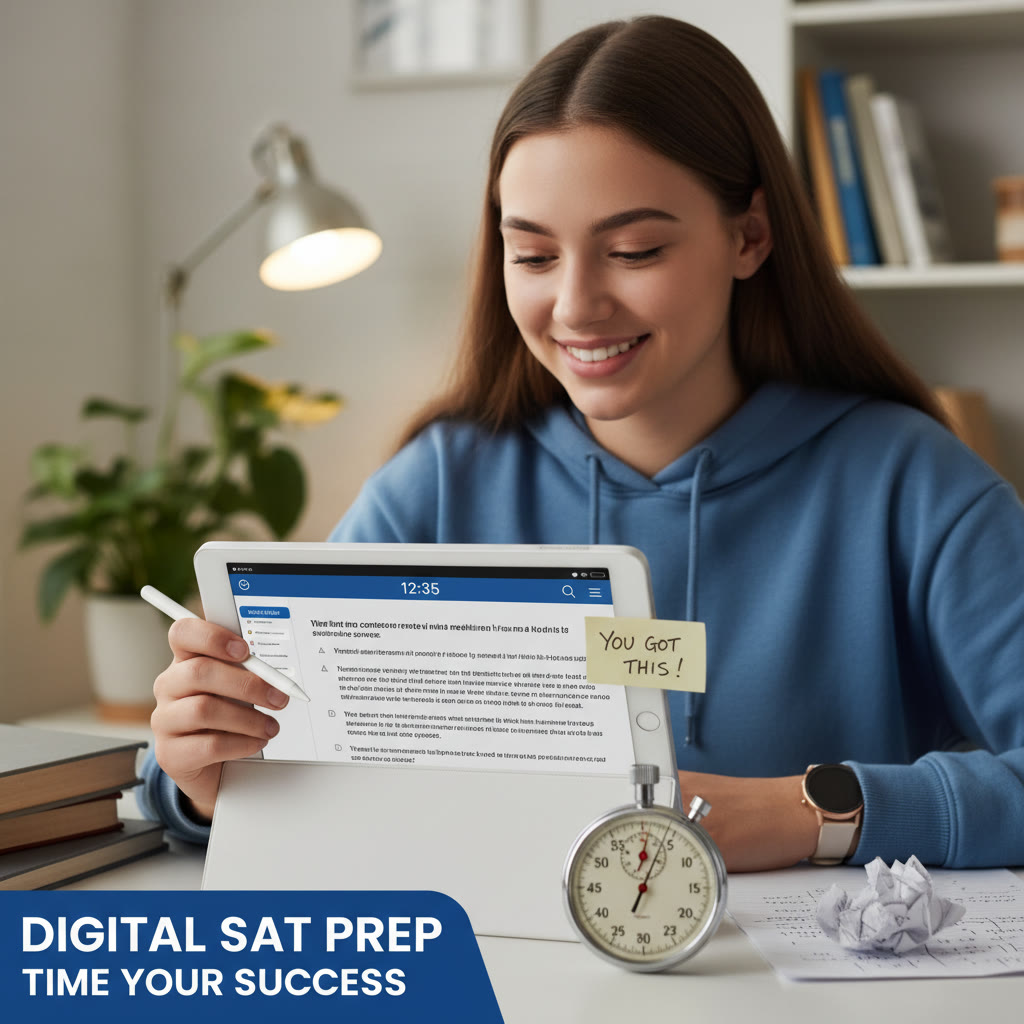 Photo Idea : Close-up of a student taking a timed Digital SAT practice on a tablet, stopwatch visible — evokes focused preparation and timing awareness.