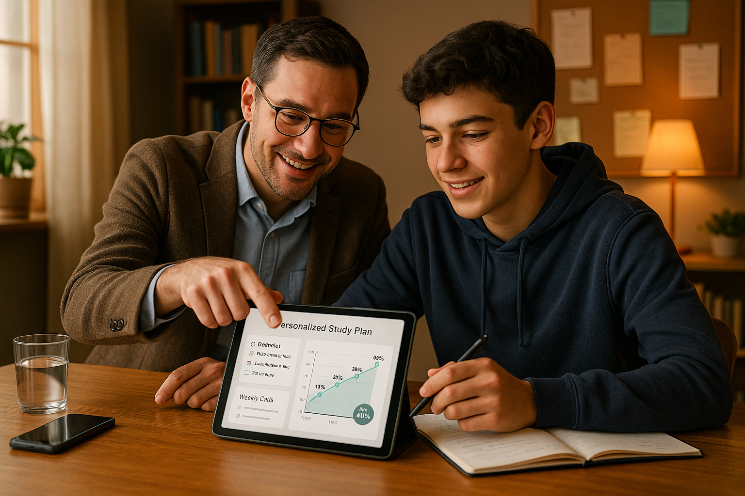Photo Idea : A friendly tutor (virtual or in-person) working with a student over a tablet, showing a personalized study plan and a score-improvement graph—warm lighting, engaged expressions.