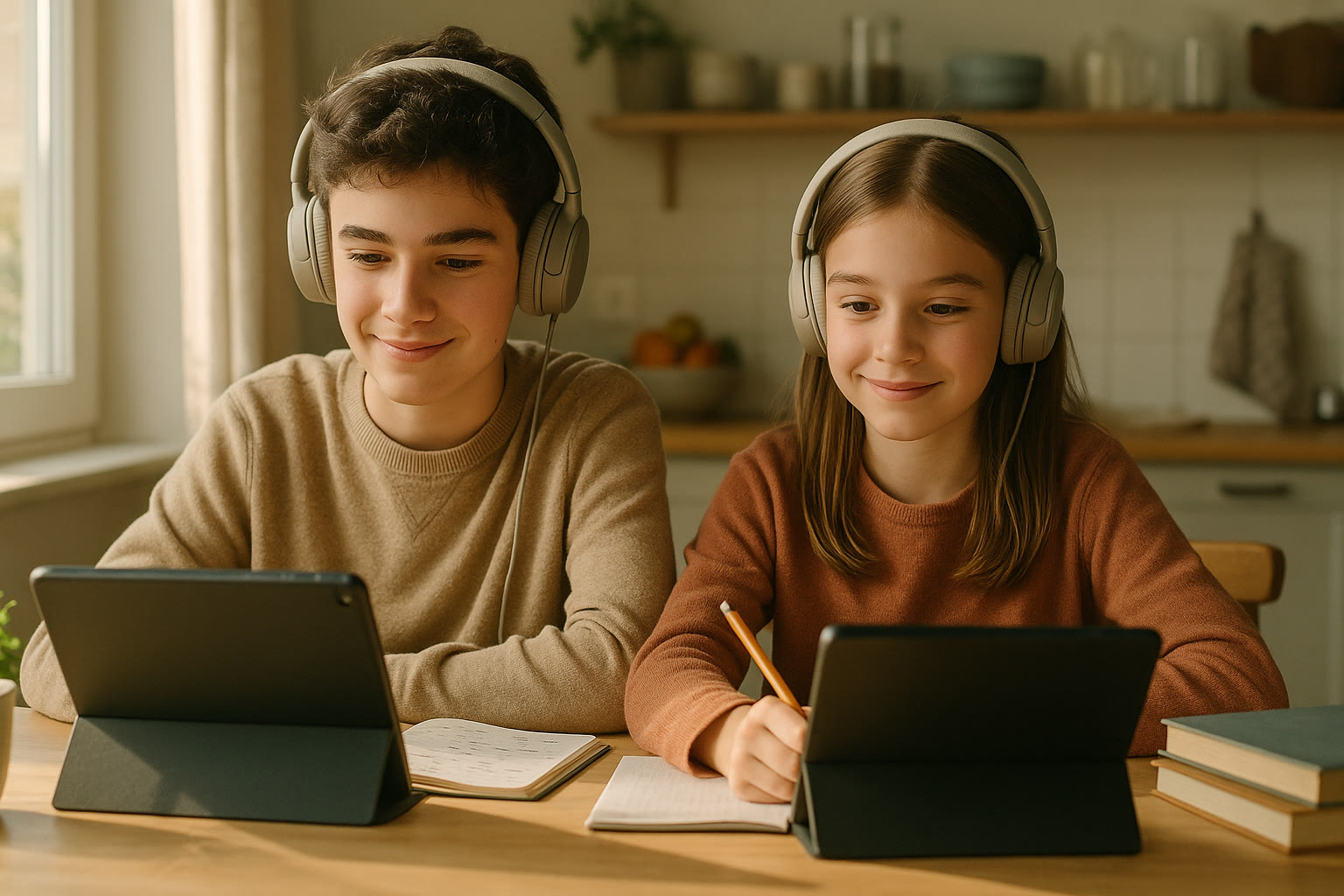 Photo Idea : Two siblings studying side-by-side at a sunlit kitchen table, each with their own tablet and headphones, smiling and focusing.