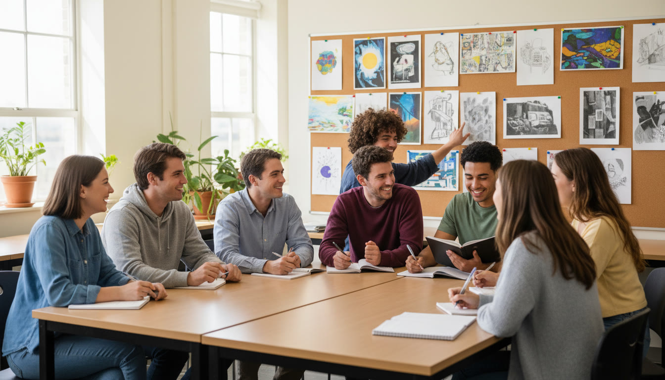 Photo Idea : A bright classroom scene with students in a circle around a table, printed 2D artworks pinned on a board behind them. Capture active listening—students leaning in, taking notes, and pointing softly at a work.
