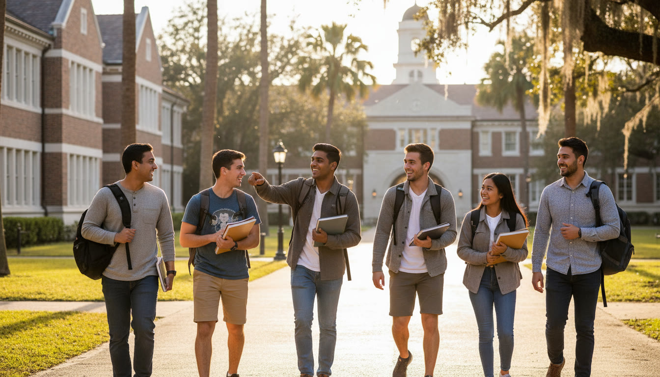 Photo Idea : A candid campus shot of Rice University students walking near the academic quad, backpacks on, a sunny day — conveys energy and the beginning of college life.