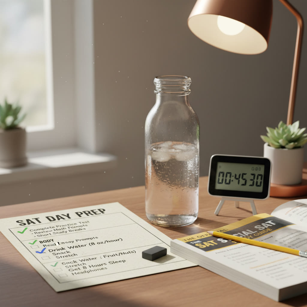 Photo idea: Close-up of a checklist on a desk that includes hydration reminders, a timer, and a water-filled bottle next to a practice test booklet.