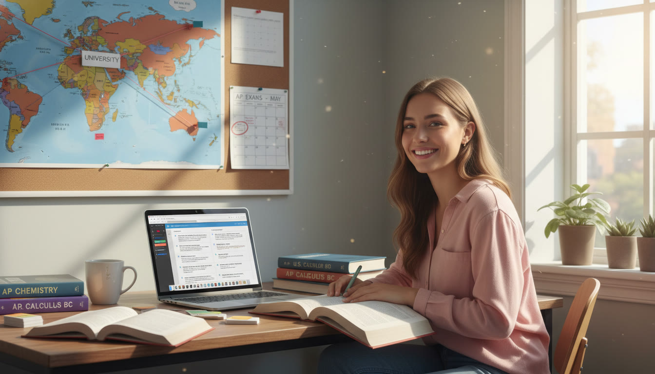 Photo Idea : A bright study scene of a student at a desk with AP prep books, a laptop showing notes, and a map of the world pinned on the wall—symbolizing international pathways and focused effort.