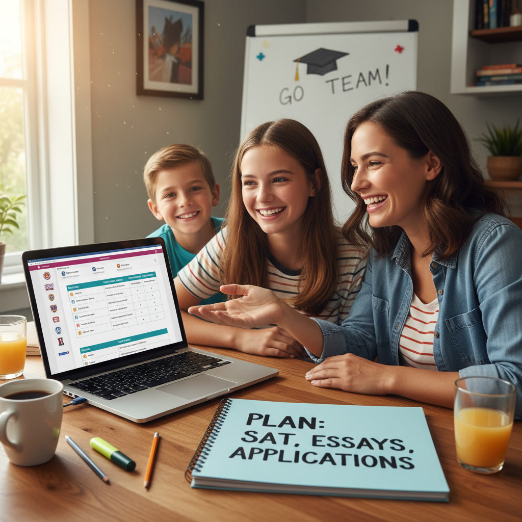 Photo Idea : A parent and teen reviewing a college list at a kitchen table, laptop open showing score ranges and scholarship criteria, with a notebook labeled 